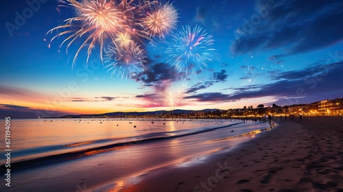 Fireworks over beach at sunset photo