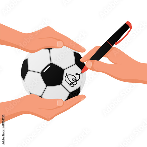 Autograph on the ball. Athlete gives an autograph, signingon a soccer ball. Holding the ball and the pen in hands. Vector illustration flat design. Isolated on background.