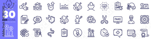Aluminium mineral, Coronavirus and Electricity plug line icons pack. Mental conundrum, Fake news, Computer fan web icon. No microphone, Medical mask, Checklist pictogram. Article. Vector