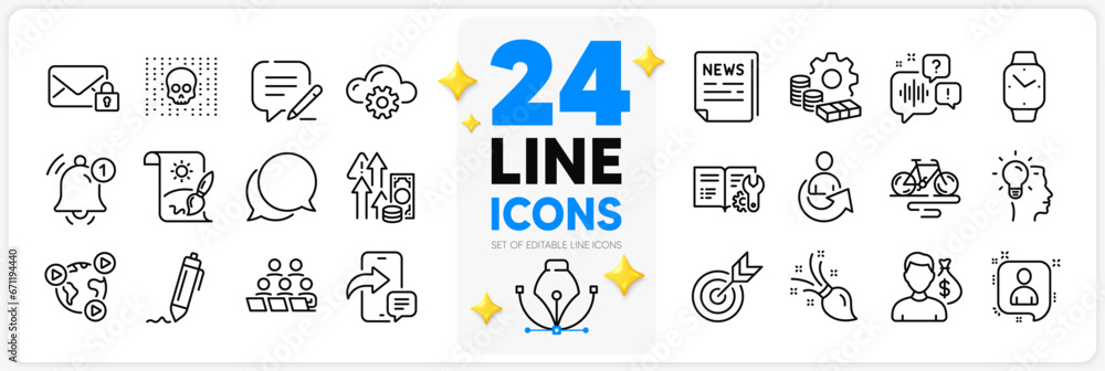 Icons set of Inflation, Cloud computing and Smartwatch line icons pack for app with Creative painting, Voicemail, Signature thin outline icon. Bike, Video conference, Idea pictogram. Vector