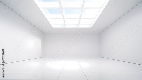 a white room with a skylight and tiled flooring in it