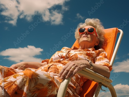 Photography of older woman sunbathing in the beach chair photo