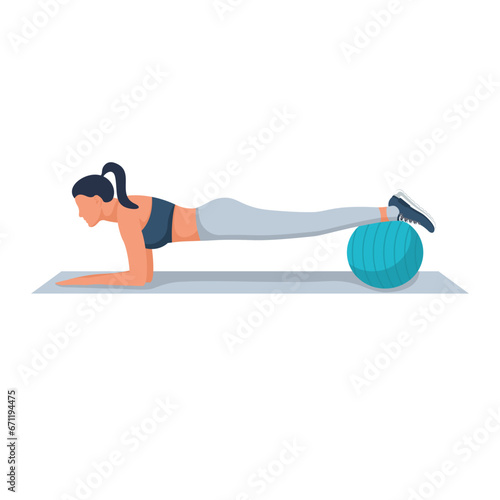 Girl doing fitness with fitball. Workout at home. Woman in sportswear exercising her abs on a blue pilates ball. Fitness concept. Vector illustration flat design. Isolated on white background.
