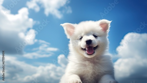 Cute white Samoyed puppy sitting on blue sky background.