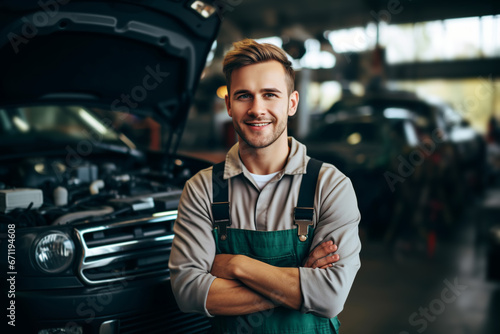 Portrait of Attractive confident male auto mechanic working in Car Service © colnihko