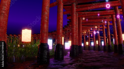 Neon torii gates at dusk, paper lanterns, magical ambiance. 3d illustration