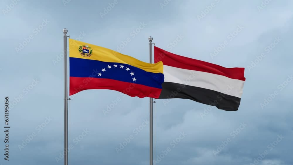Yemen and Venezuela flags waving together on cloudy sky, endless seamless loop Yemen and Venezuela flags waving together on cloudy sky, endless seamless loop