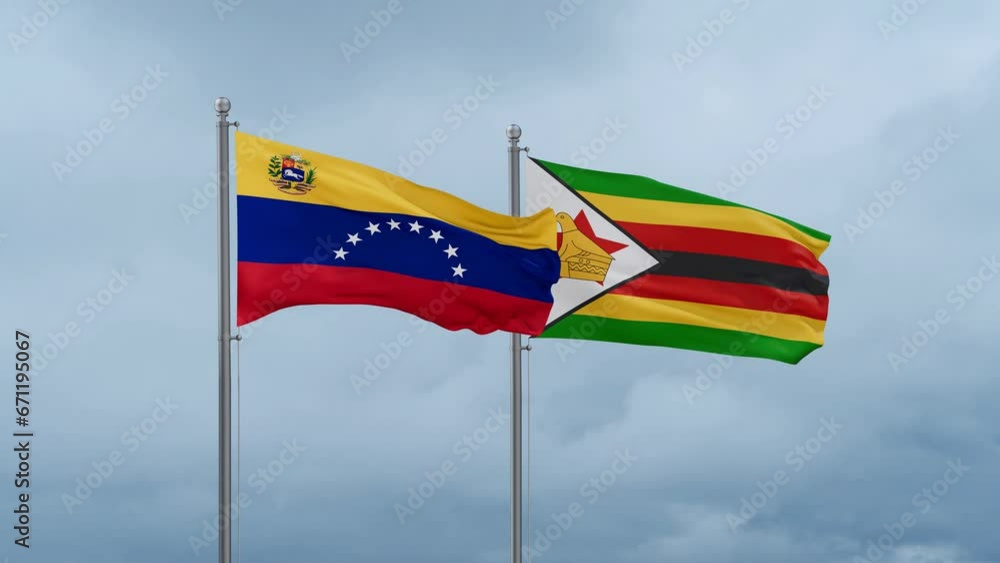 Zimbabwe and Venezuela flags waving together on cloudy sky, endless seamless loop Zimbabwe and Venezuela flags waving together on cloudy sky, endless seamless loop