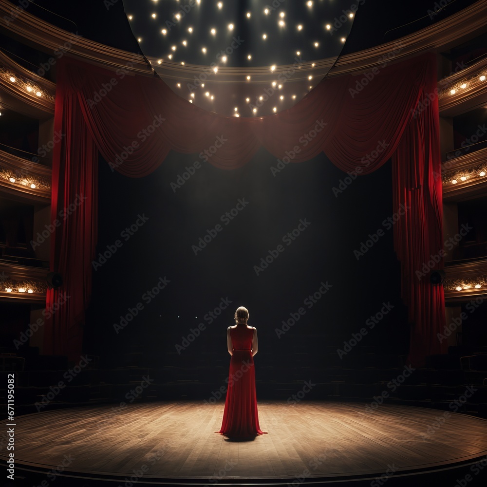 Obraz premium Woman in bleck dress standing in front of studio microphone in empty opera theater