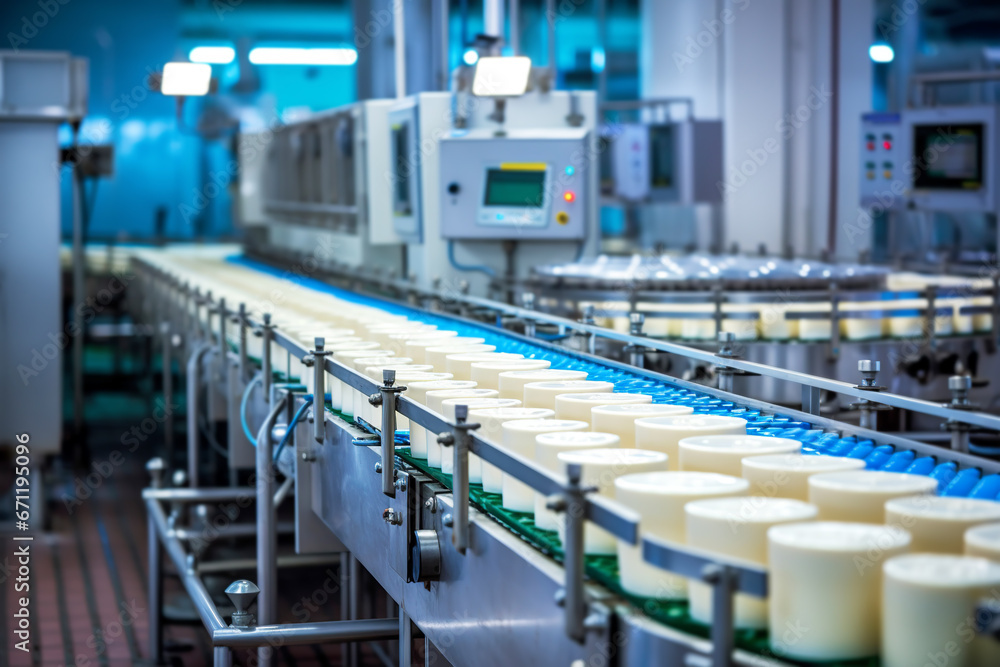 Automated Robotic natural dairy products cheese Line. Industrial food production plant indoors