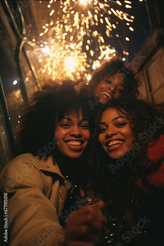 Ethnic group of friends celebrating new year's eve