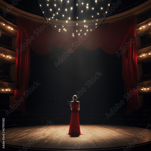 Woman in bleck dress standing in front of studio microphone in empty opera theater photo