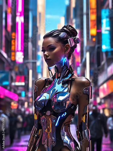 A sexy girl in a metallic dress on a glittering street.Generative Ai