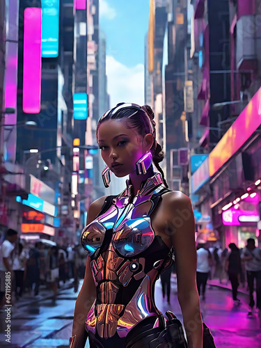 A sexy girl in a metallic dress on a glittering street.Generative Ai