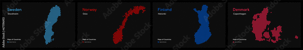 Fototapeta premium Creative maps of Scandinavian countries. Sweden, Norway, Finland, Denmark. World Countries vector maps series. Spiral fingerprint series