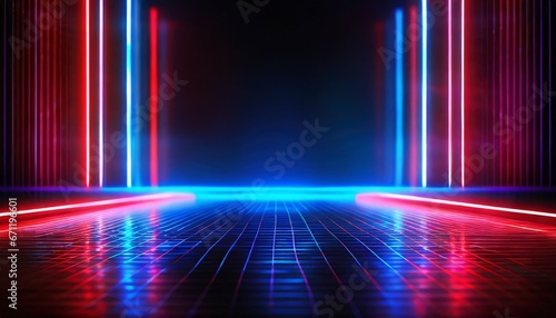 Dark studio with bright blue, red and white neon lights. Empty black space for text