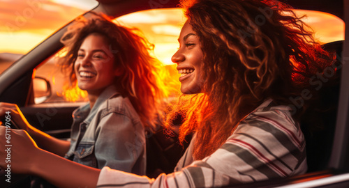 Girls' Getaway: Two Friends Relishing Sunset Drive