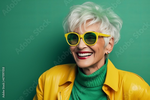 Joyful Senior Model Embraces Playful Green Fashion, Radiating Positivity in Photo Studio. Happy lady © Viktoria