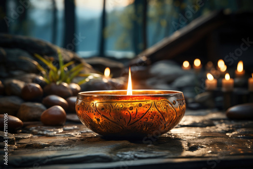 Ornate candle glowing among smooth stones in a serene garden setting  symbolizing peace and relaxation.