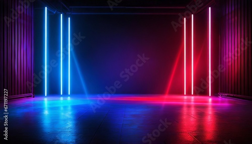 Dark studio with bright blue, red and white neon lights. Empty black space for text © CreativeStock