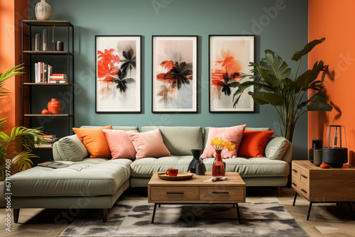 Stylish living room with vibrant wall colors, modern furnishings, abstract paintings, and indoor tropical greenery.