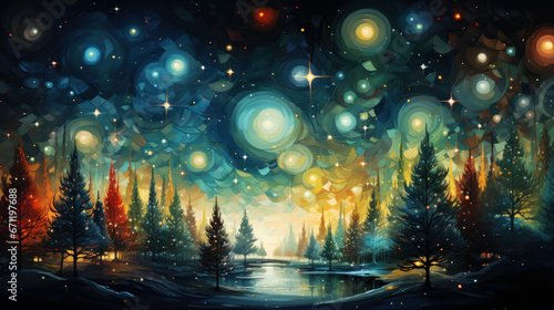 Christmas winter colorful landscape at night with fir trees, snow and lights in watercolor style.