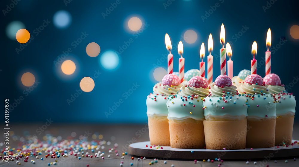birthday cake with candles on pastel blue background with copy space ...