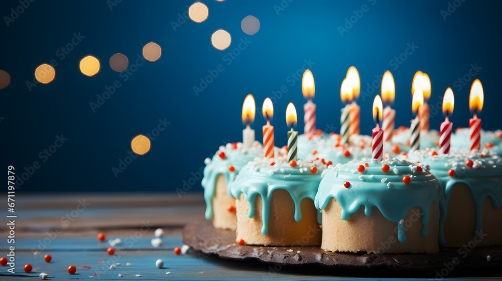 birthday cake with candles on pastel blue background with copy space ...