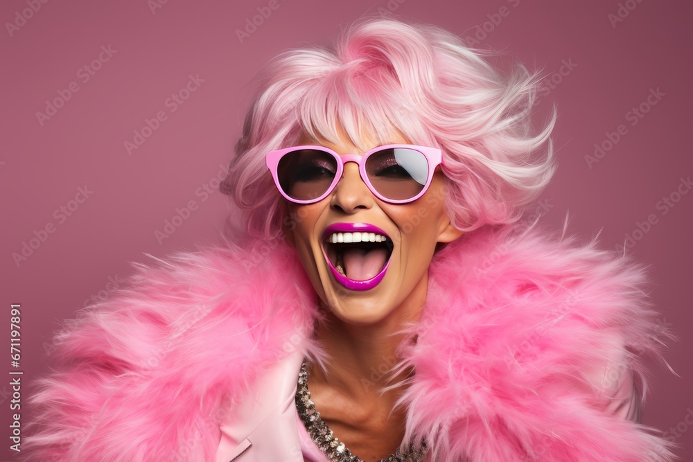 Playful woman in pink outfit and glasses, smiling in a photo studio, exuding joy