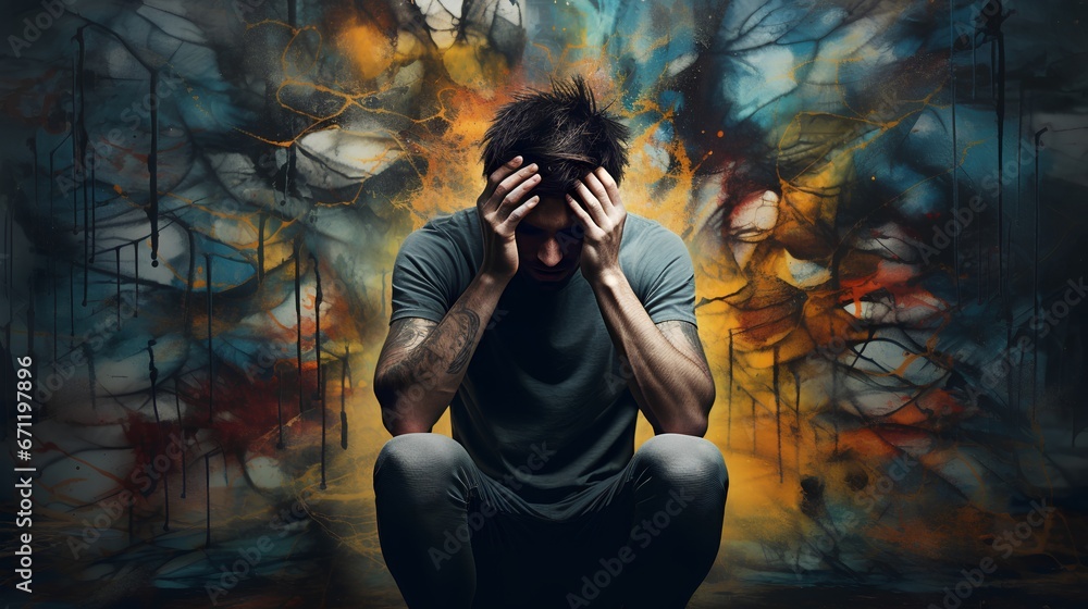 Suffering from depression, ADHD, stress, and anxiety, showcasing the reality of mental illness and inner struggle. Sad and sorrow emotions, as psychological conditions they are battling with. - obrazy, fototapety, plakaty 