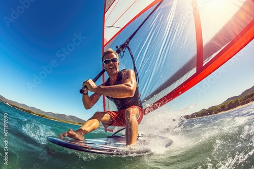 Exhilarating experience of windsurfing from a first-person perspective. © YouraPechkin