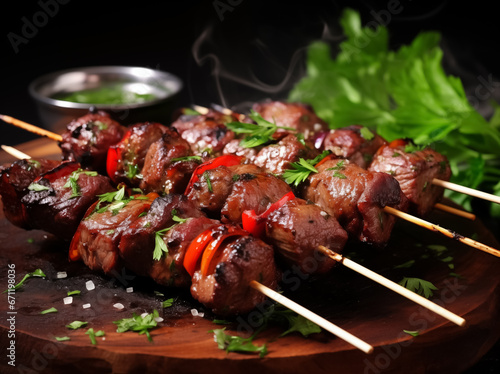 Shashlik or shish kebab prepared on barbecue grill over hot charcoal. Grilled pieces of meat on skewers.