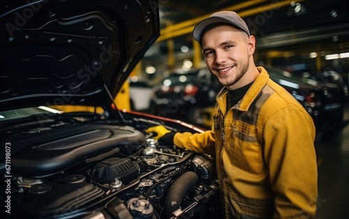 A male worker in uniform that is repairings an automobile