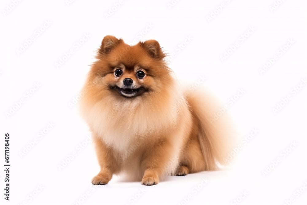 A fluffy canine was secluded against a pale background, forming a companionship concept.