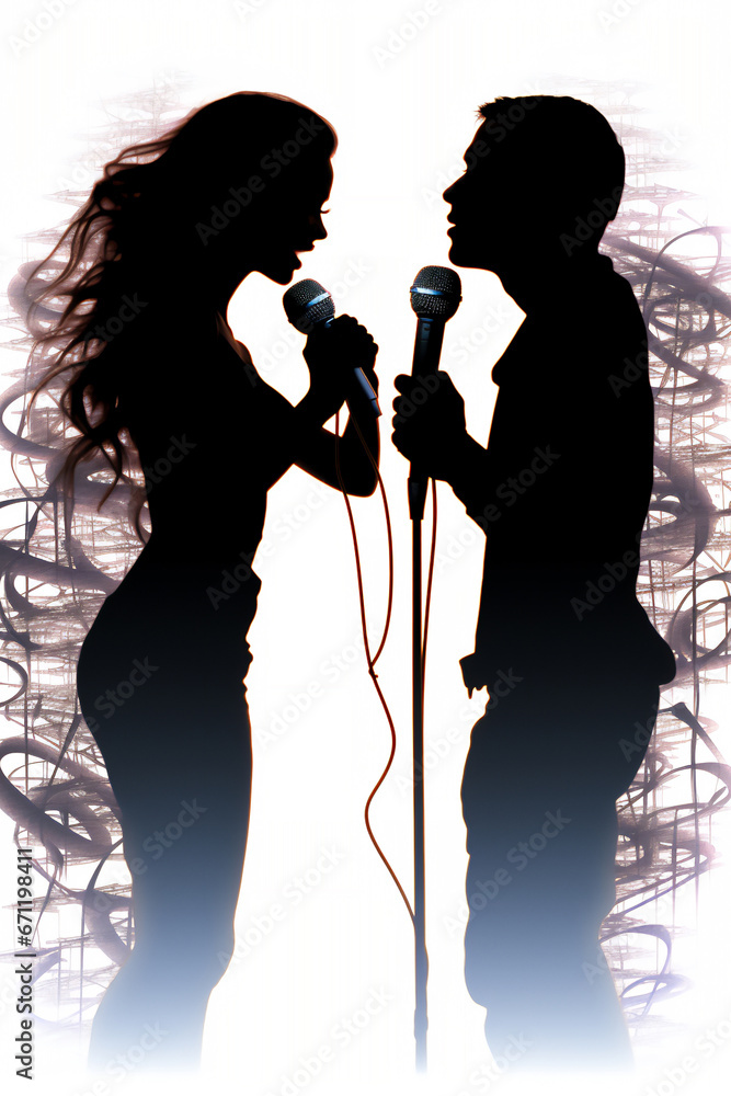 Silhouette of a male and female vocalists singing with microphones which are used by a singer in a performance at a concert in a hall or club, Generative AI stock illustration image