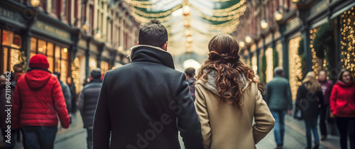 Couple doing Christmas shopping in the city. People in the Christmas market, back view