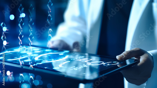 Close up of Medicine doctor touching electronic medical record on tablet. DNA