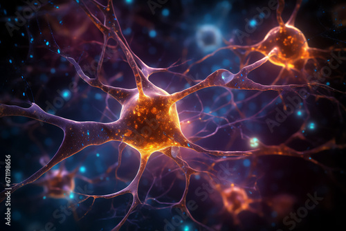 Brain neurons of the nervous system which transmit information through intricate networks enabling cognition perception, and motor functions, computer Generative AI stock illustration image 