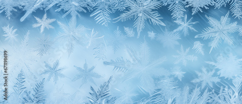 Winter frost patterns on glass. Ice crystals or cold winter background. frozen ice texture, wide banner