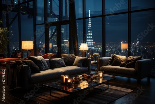 Night business home, living room, sofa, background ambient light