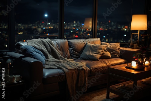 Night business home, living room, sofa, background ambient light