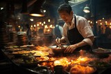 A calm chef skillfully cooks traditional food in a lively kitchen
