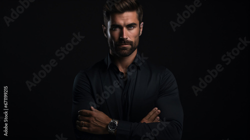 A comely gent posed in a studio upon a sombre backdrop.