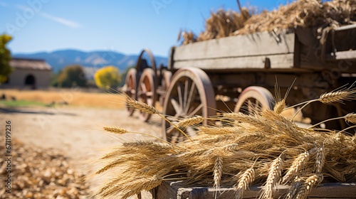 The countryside harvests are being transported on a transfer into an antique threshing device.