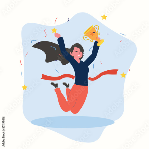 Vector woman winning the competition and getting golden trophy , contest winner vector , woman with trophy isolated