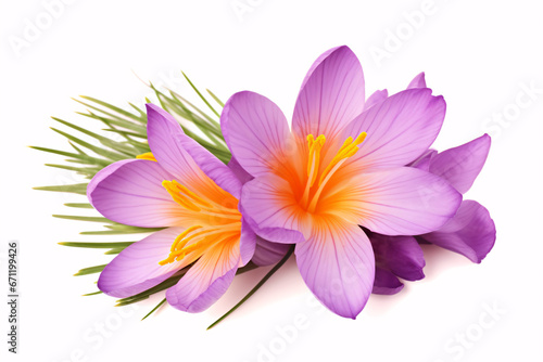 Isolated Crocus sativus saffron bloom on a white backdrop.