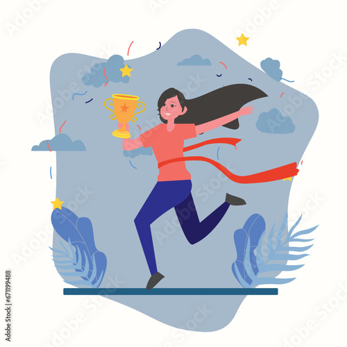Running woman winning the competition and getting golden trophy , contest winner vector , woman with trophy isolated