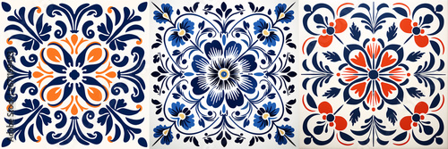 This intricate ceramic tile design features a blue and white damask pattern with a victorian style, including a large floral centrepiece and baroque elements.