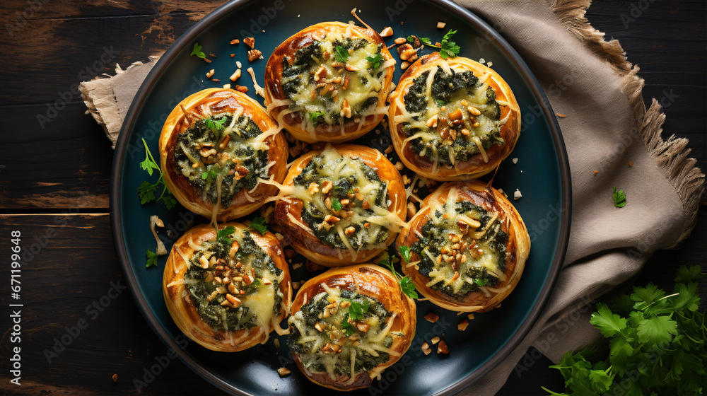 Gorgeous Gorgonzola-spinach creations, highlighted with walnuts and sesame.