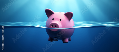 Pink piggy bank floats on water, drowning, about to sink - Concept of investment failure, budget issue, financial risk, debt problem, bankruptcy, economy crisis